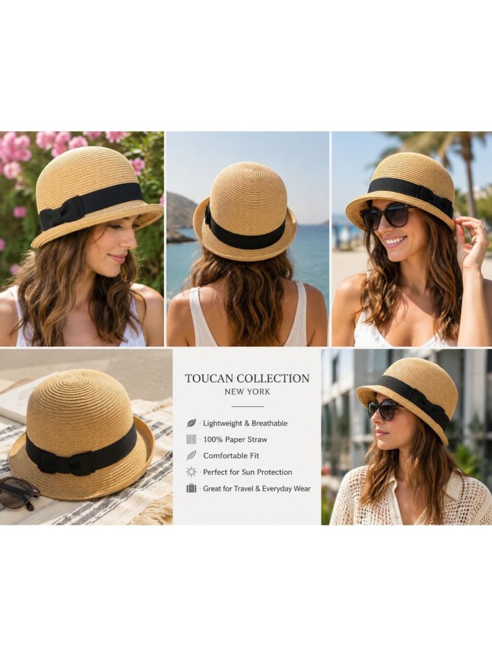 Toucan Collection Paper Straw Cloche Sun Hat Tan Black Ribbon Women's 57.5cm